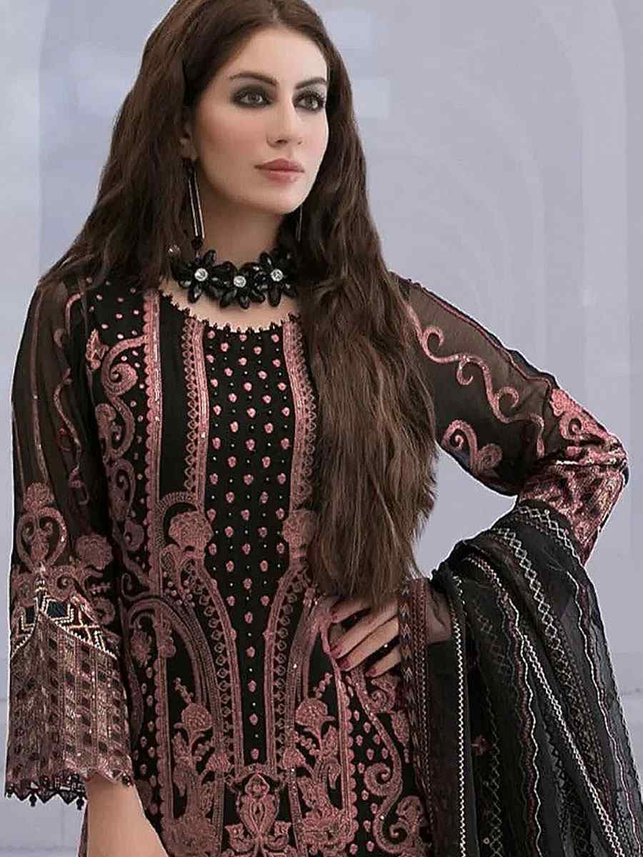 Black Faux Georgette Embroidered Festival Wedding Pant Salwar Kameez