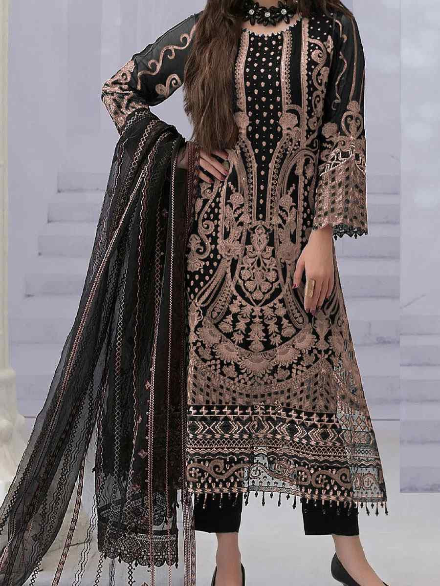 Black Faux Georgette Embroidered Festival Wedding Pant Salwar Kameez