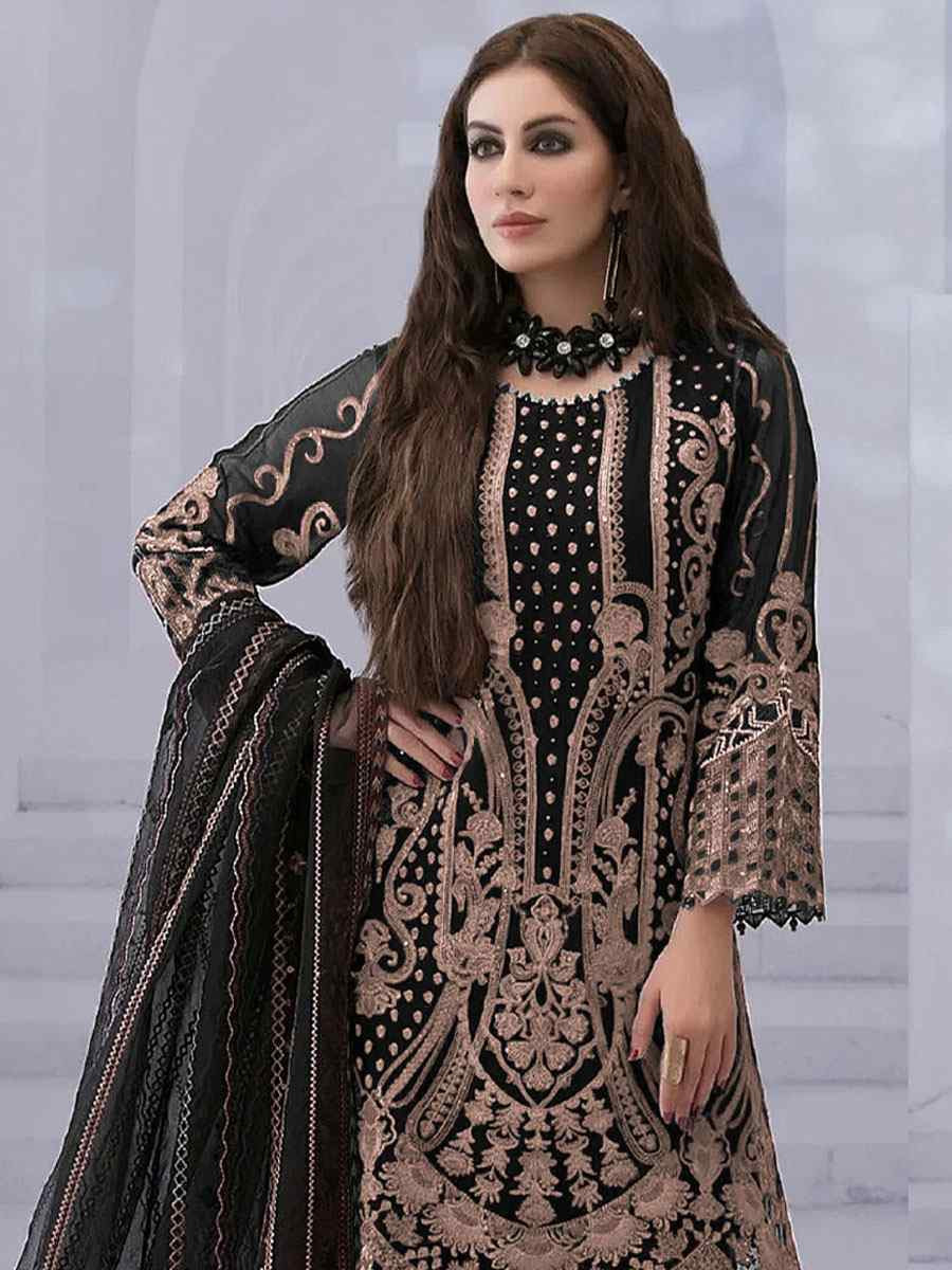 Black Faux Georgette Embroidered Festival Wedding Pant Salwar Kameez