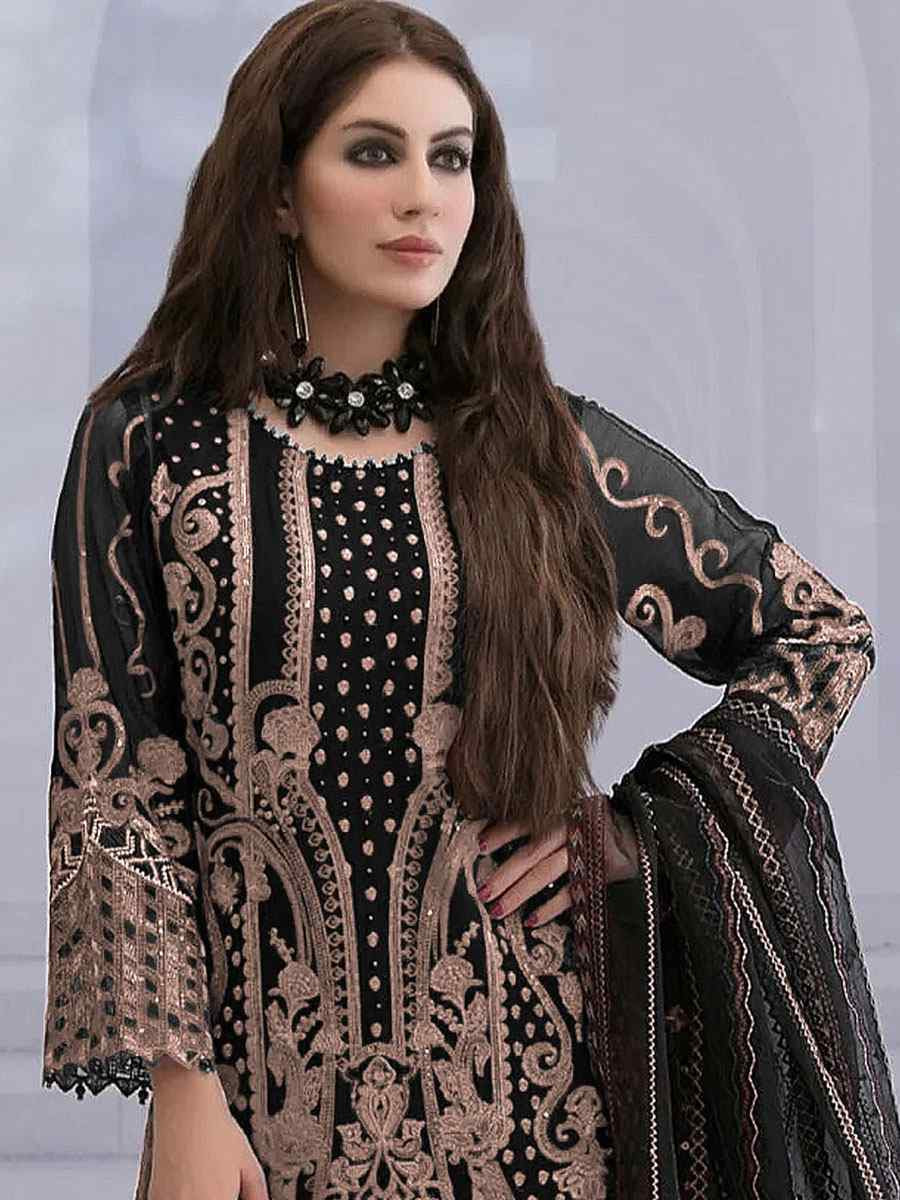 Black Faux Georgette Embroidered Festival Wedding Pant Salwar Kameez