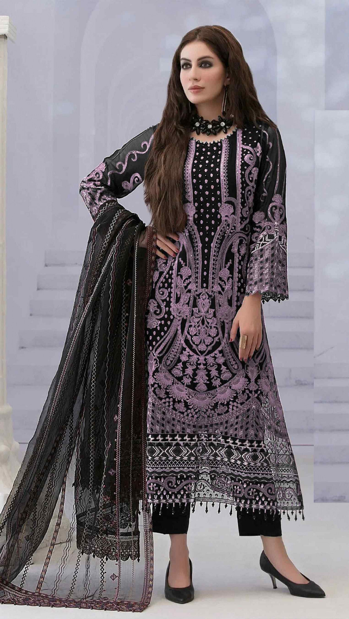 Black Faux Georgette Embroidered Festival Wedding Pant Salwar Kameez