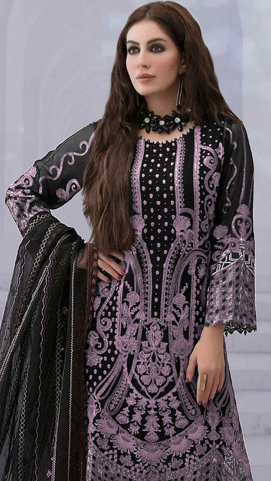 Black Faux Georgette Embroidered Festival Wedding Pant Salwar Kameez