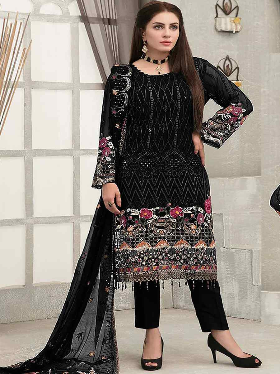 Black Faux Georgette Embroidered Festival Wedding Pant Salwar Kameez