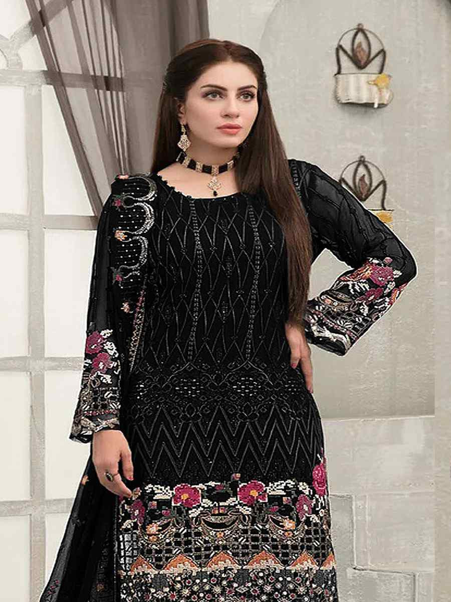 Black Faux Georgette Embroidered Festival Wedding Pant Salwar Kameez