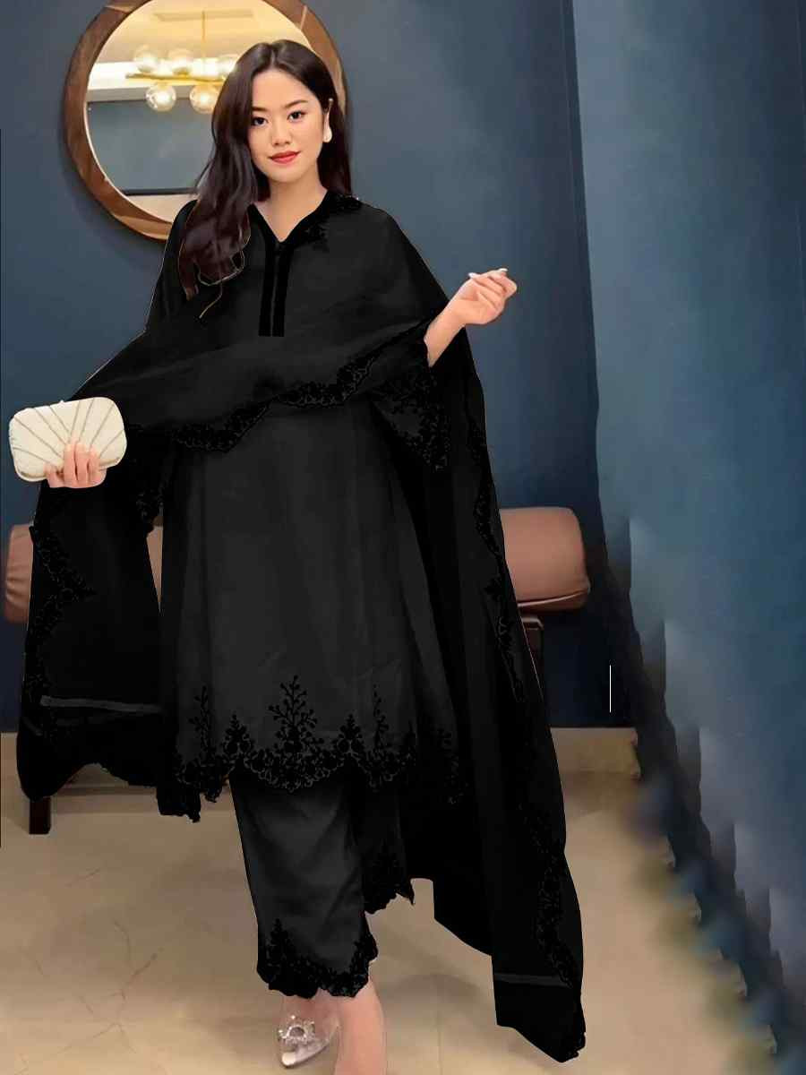 Black Faux Georgette Embroidered Party Casual Ready Palazzo Pant Salwar Kameez