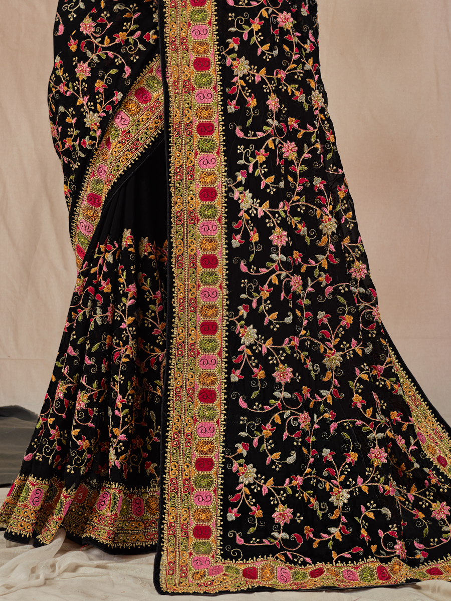Black Faux Georgette Embroidered Party Saree