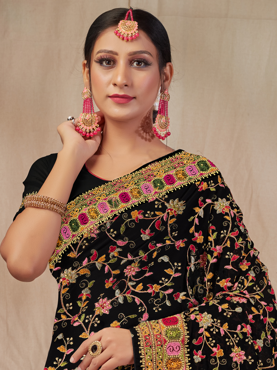 Black Faux Georgette Embroidered Party Saree