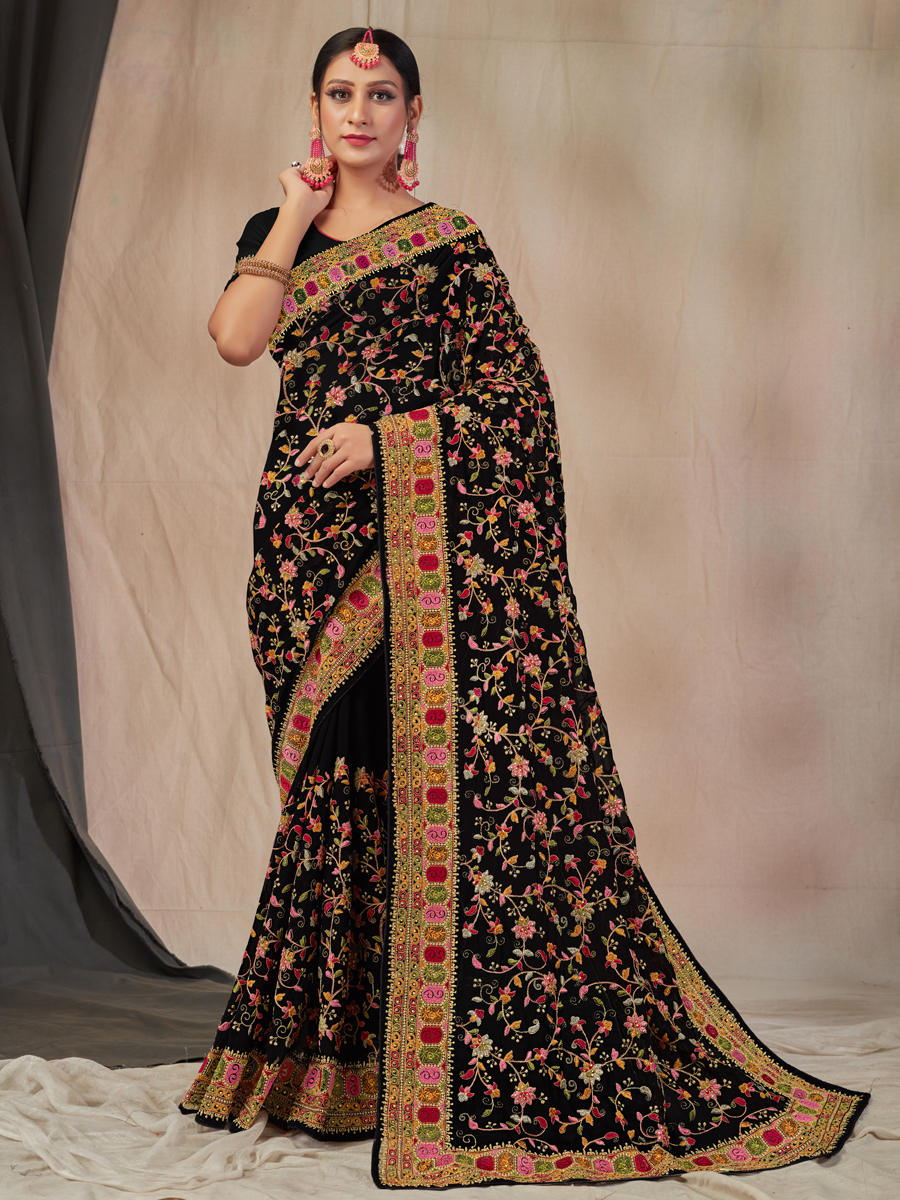 Black Faux Georgette Embroidered Party Saree