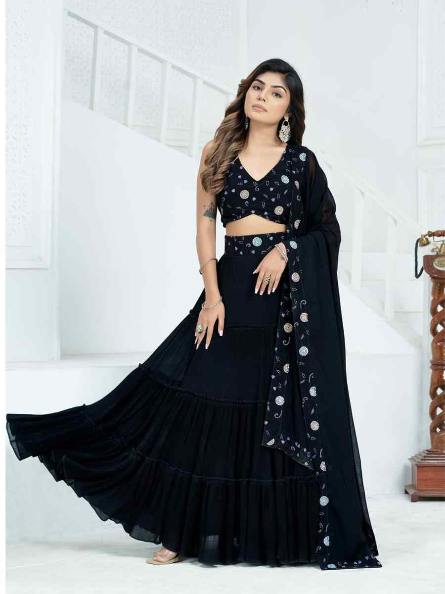 Black Faux Georgette Embroidered Wedding Festival Heavy Border Lehenga Choli