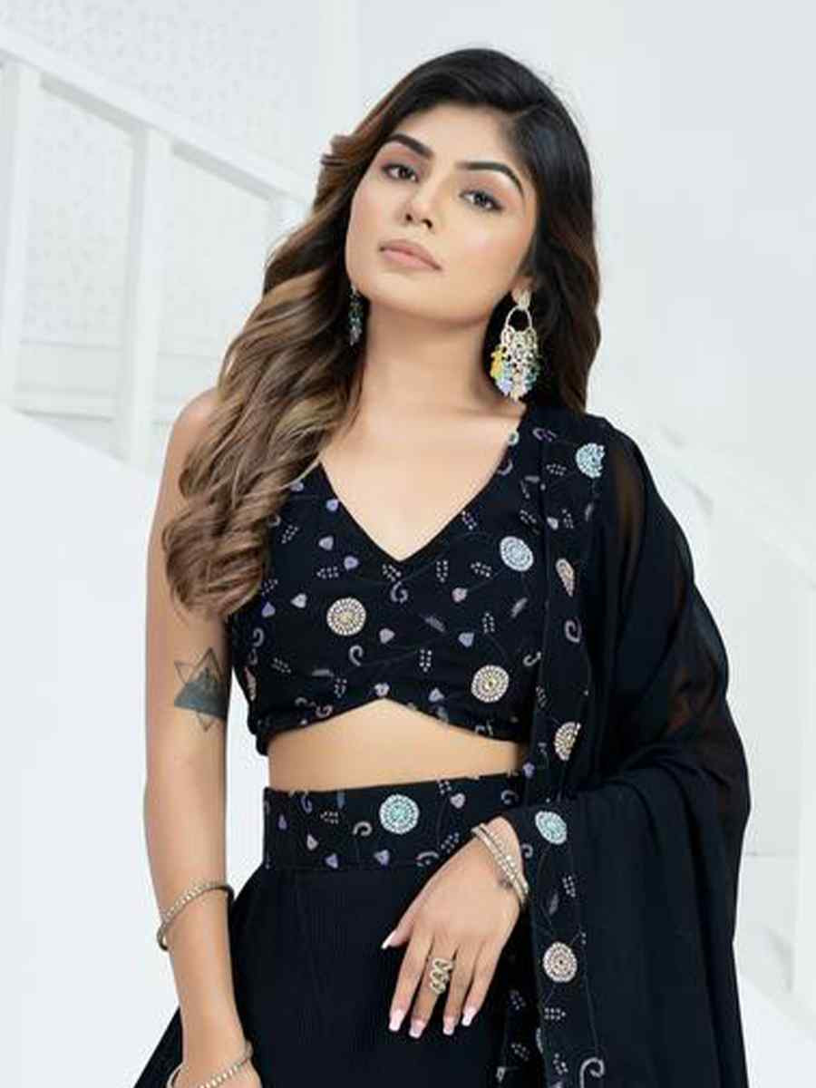 Black Faux Georgette Embroidered Wedding Festival Heavy Border Lehenga Choli
