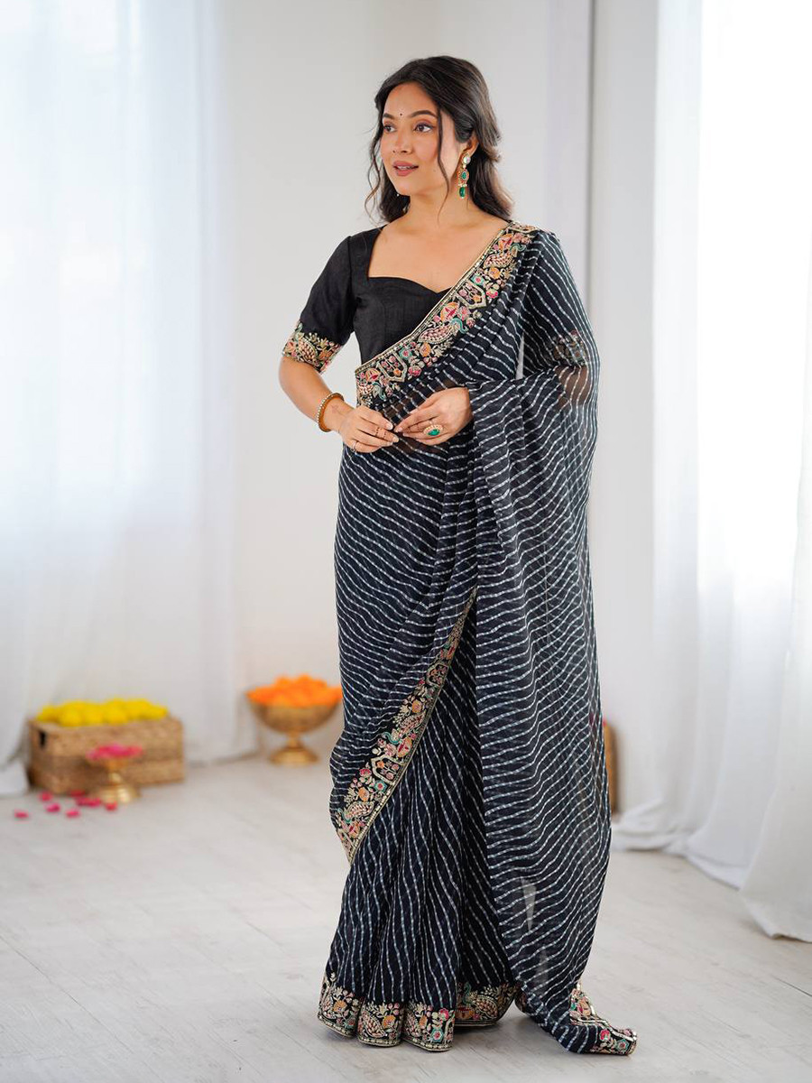 Black Faux Georgette Embroidery Sequins Wedding Reception Party Festival Casual Heavy Border Sarees