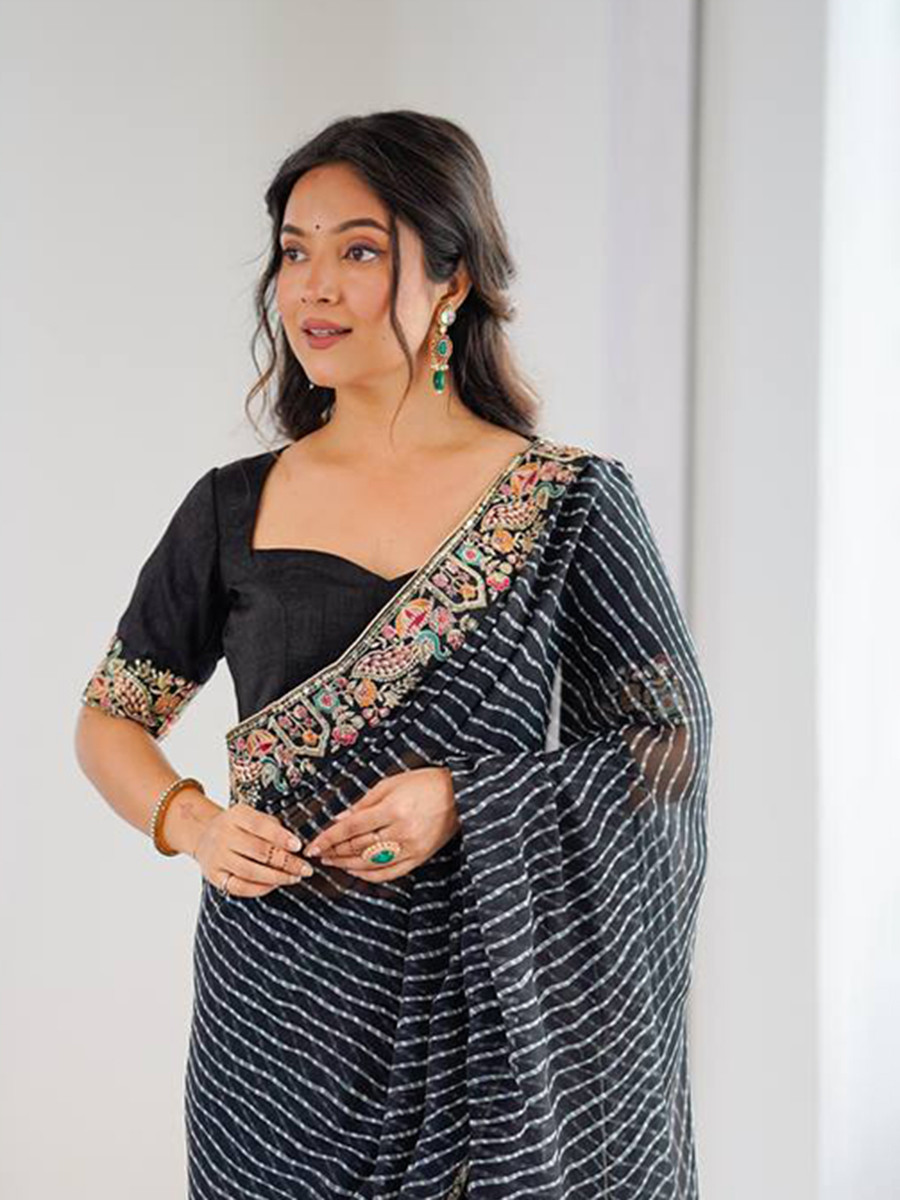 Black Faux Georgette Embroidery Sequins Wedding Reception Party Festival Casual Heavy Border Sarees