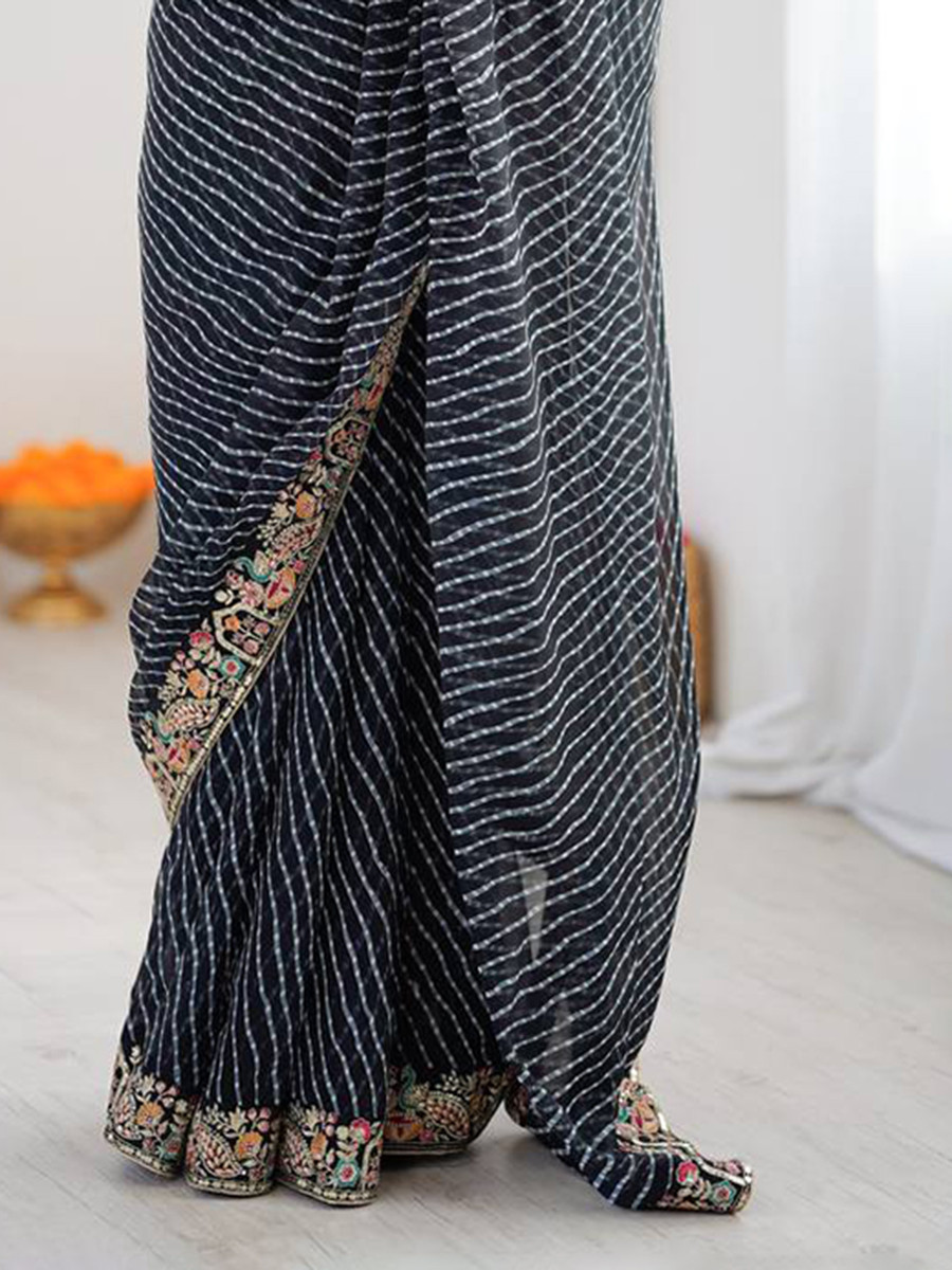 Black Faux Georgette Embroidery Sequins Wedding Reception Party Festival Casual Heavy Border Sarees