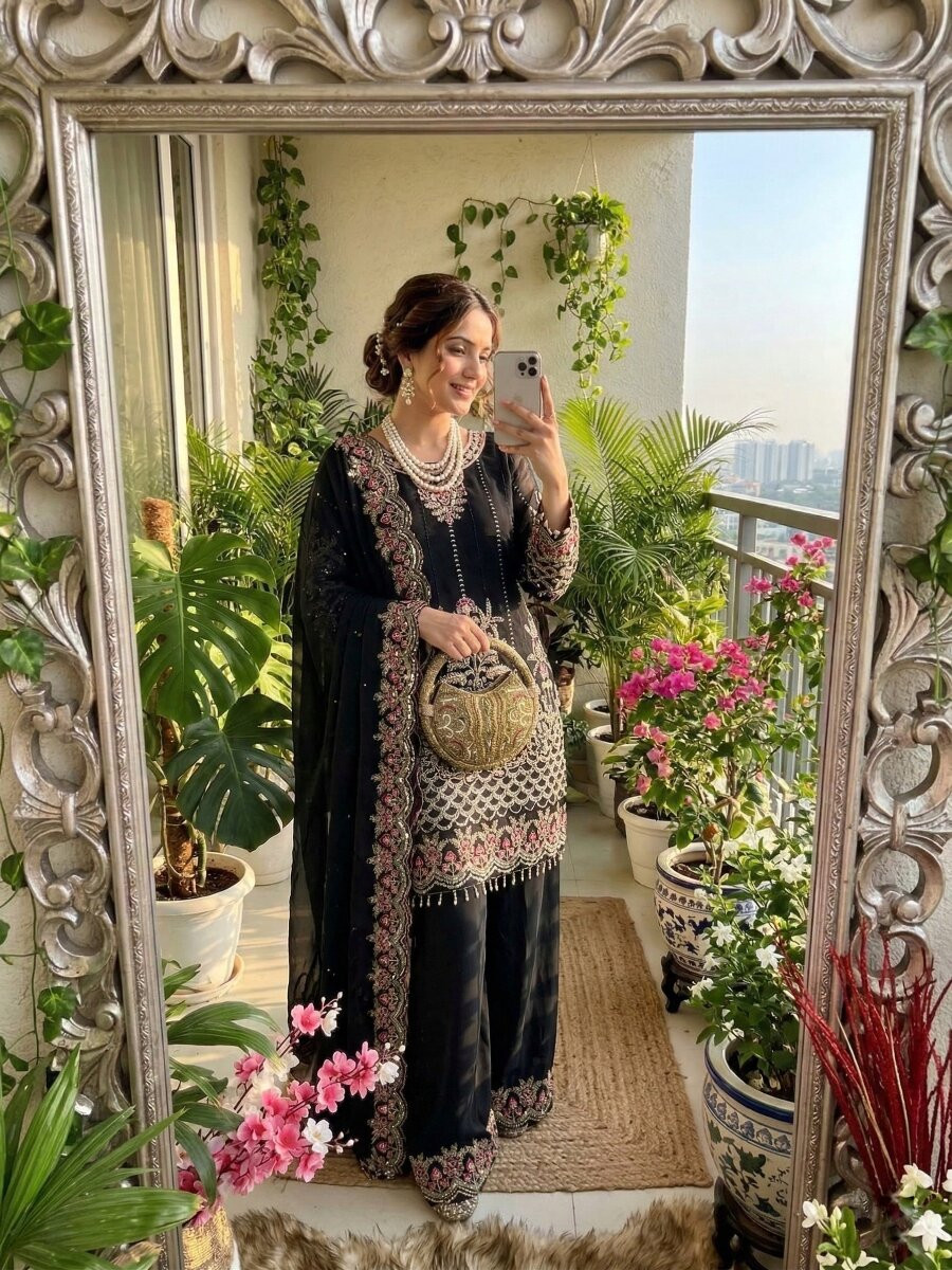 Black Faux Georgette Embroidery Sequins Zari Wedding Party Festival Casual Ready Palazzo Pant Salwar Kameez