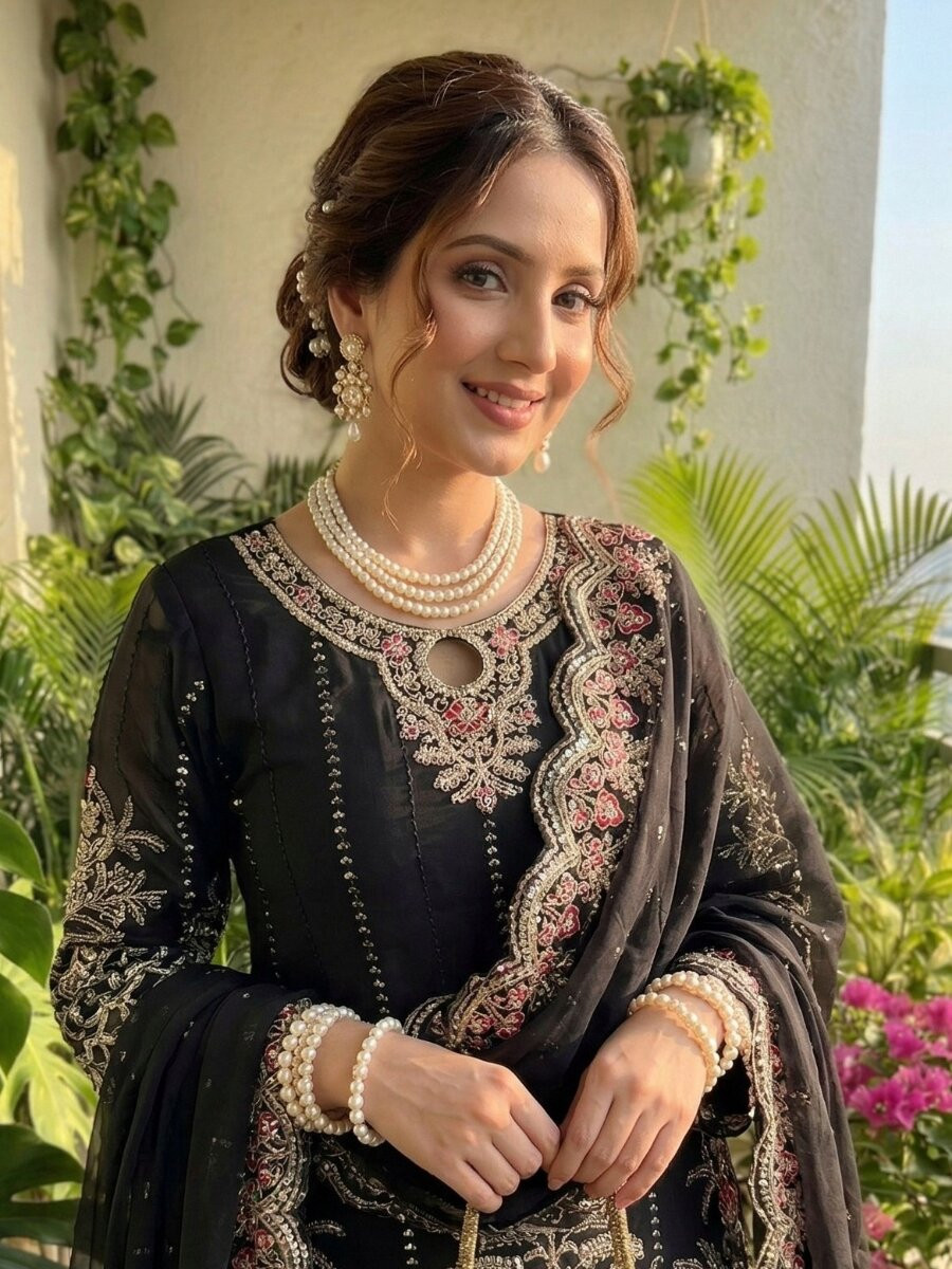 Black Faux Georgette Embroidery Sequins Zari Wedding Party Festival Casual Ready Palazzo Pant Salwar Kameez