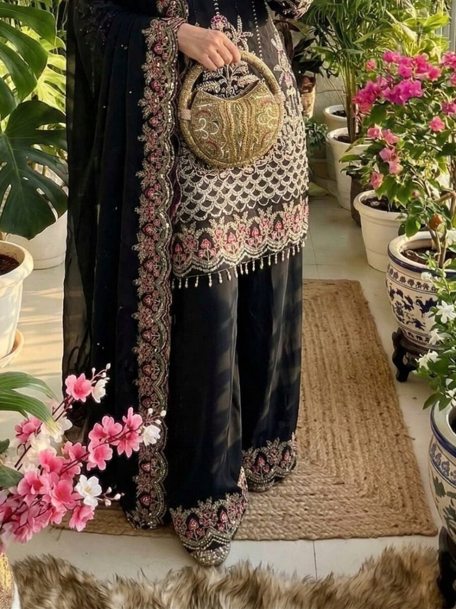 Black Faux Georgette Embroidery Sequins Zari Wedding Party Festival Casual Ready Palazzo Pant Salwar Kameez