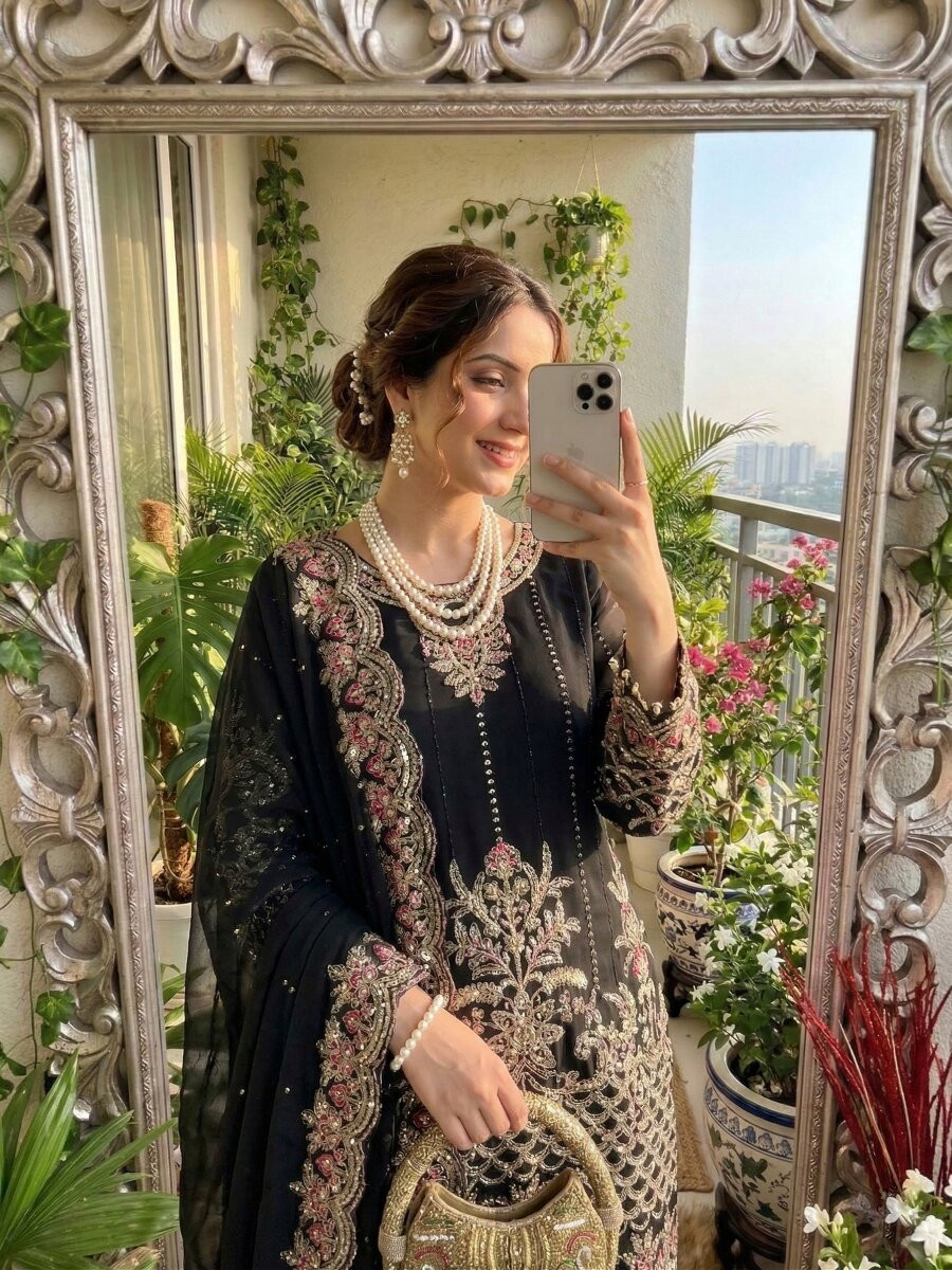 Black Faux Georgette Embroidery Sequins Zari Wedding Party Festival Casual Ready Palazzo Pant Salwar Kameez