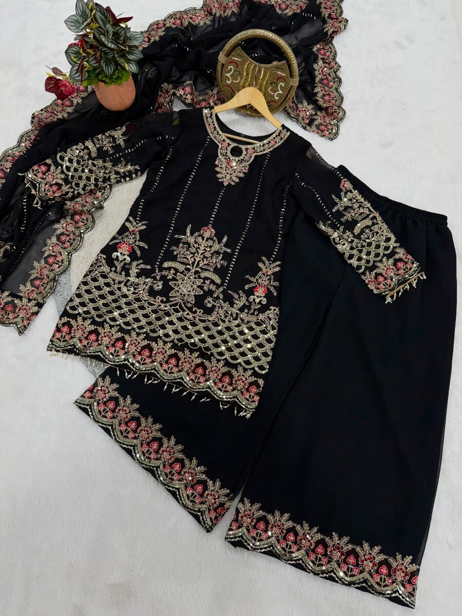 Black Faux Georgette Embroidery Sequins Zari Wedding Party Festival Casual Ready Palazzo Pant Salwar Kameez