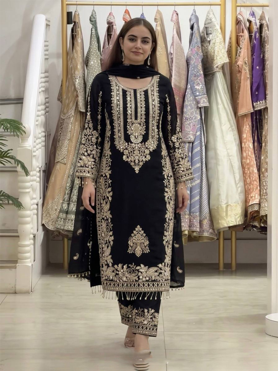 Black Faux Georgette Embroidery Zari Sequins Beads Hanging Tassels Wedding Party Festival Casual Ready Palazzo Pant Salwar Kameez