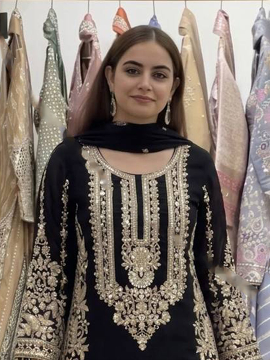 Black Faux Georgette Embroidery Zari Sequins Beads Hanging Tassels Wedding Party Festival Casual Ready Palazzo Pant Salwar Kameez