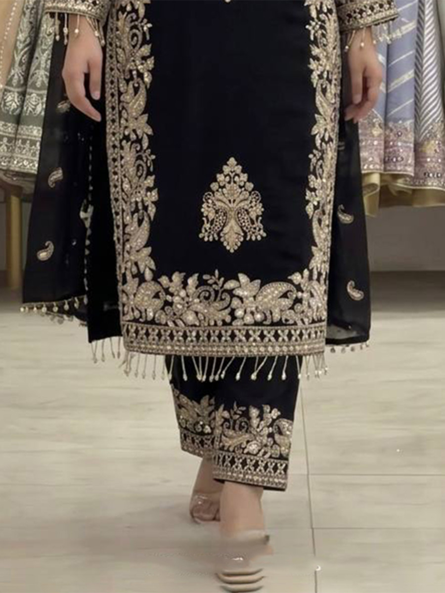 Black Faux Georgette Embroidery Zari Sequins Beads Hanging Tassels Wedding Party Festival Casual Ready Palazzo Pant Salwar Kameez