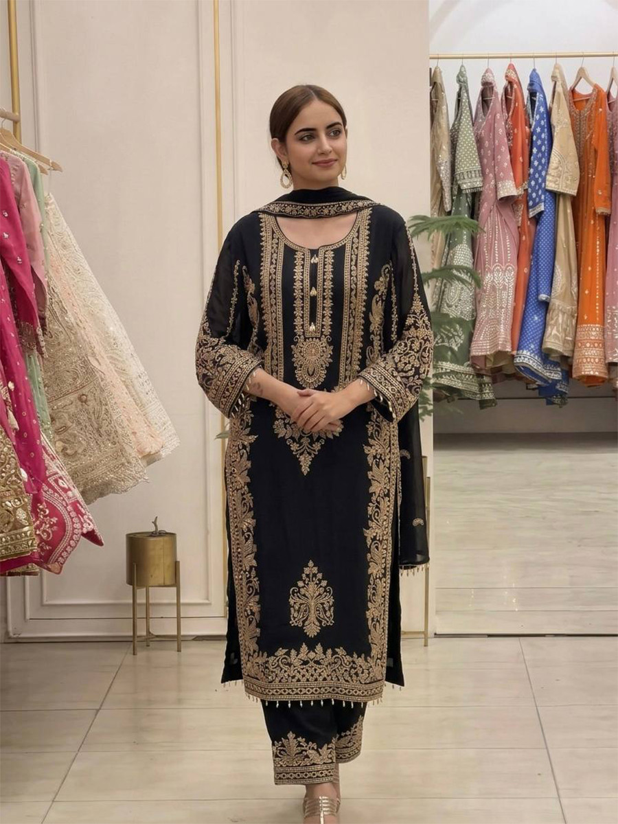 Black Faux Georgette Embroidery Zari Sequins Beads Hanging Tassels Wedding Party Festival Casual Ready Palazzo Pant Salwar Kameez