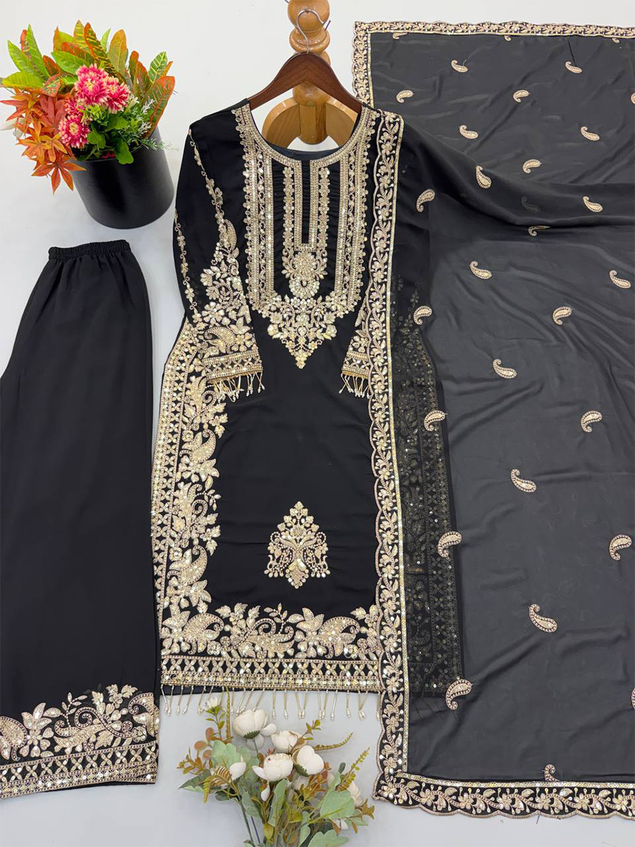 Black Faux Georgette Embroidery Zari Sequins Beads Hanging Tassels Wedding Party Festival Casual Ready Palazzo Pant Salwar Kameez