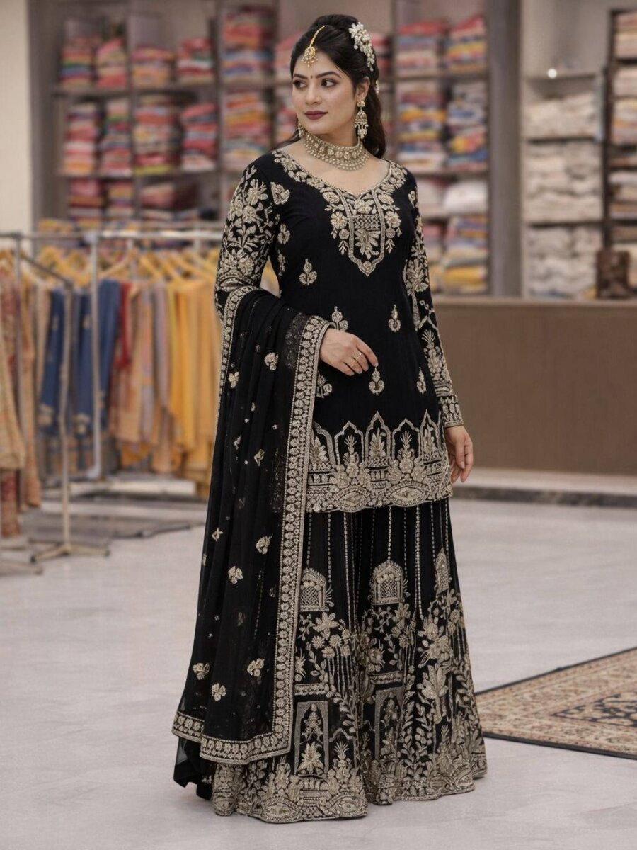 Black Faux Georgette Embroidery Zari Sequins Wedding Party Festival Casual Palazzo Pant Salwar Kameez