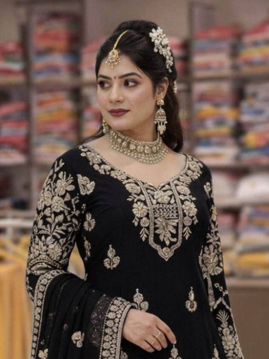 Black Faux Georgette Embroidery Zari Sequins Wedding Party Festival Casual Palazzo Pant Salwar Kameez