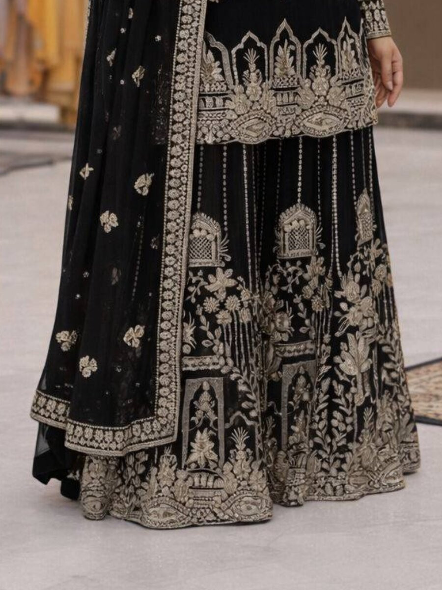 Black Faux Georgette Embroidery Zari Sequins Wedding Party Festival Casual Palazzo Pant Salwar Kameez