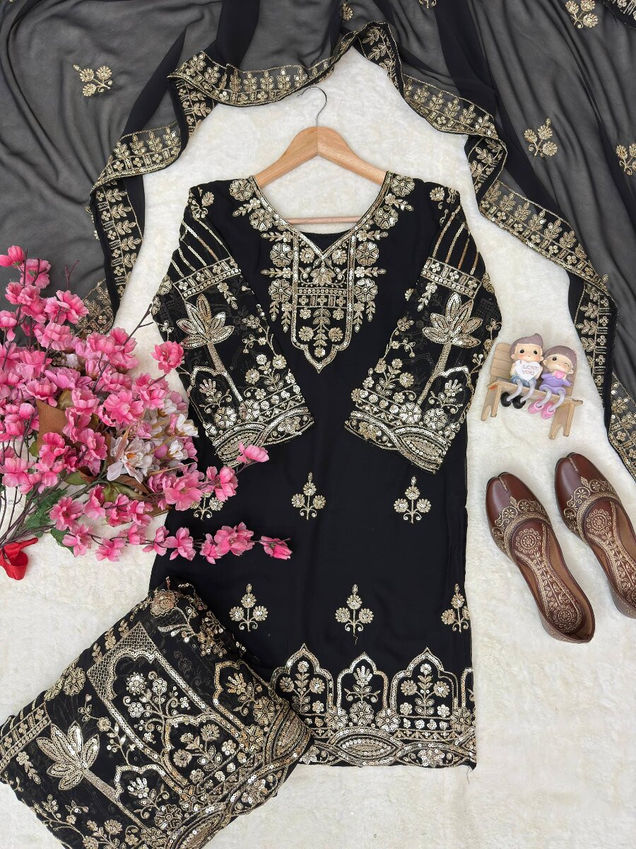 Black Faux Georgette Embroidery Zari Sequins Wedding Party Festival Casual Palazzo Pant Salwar Kameez