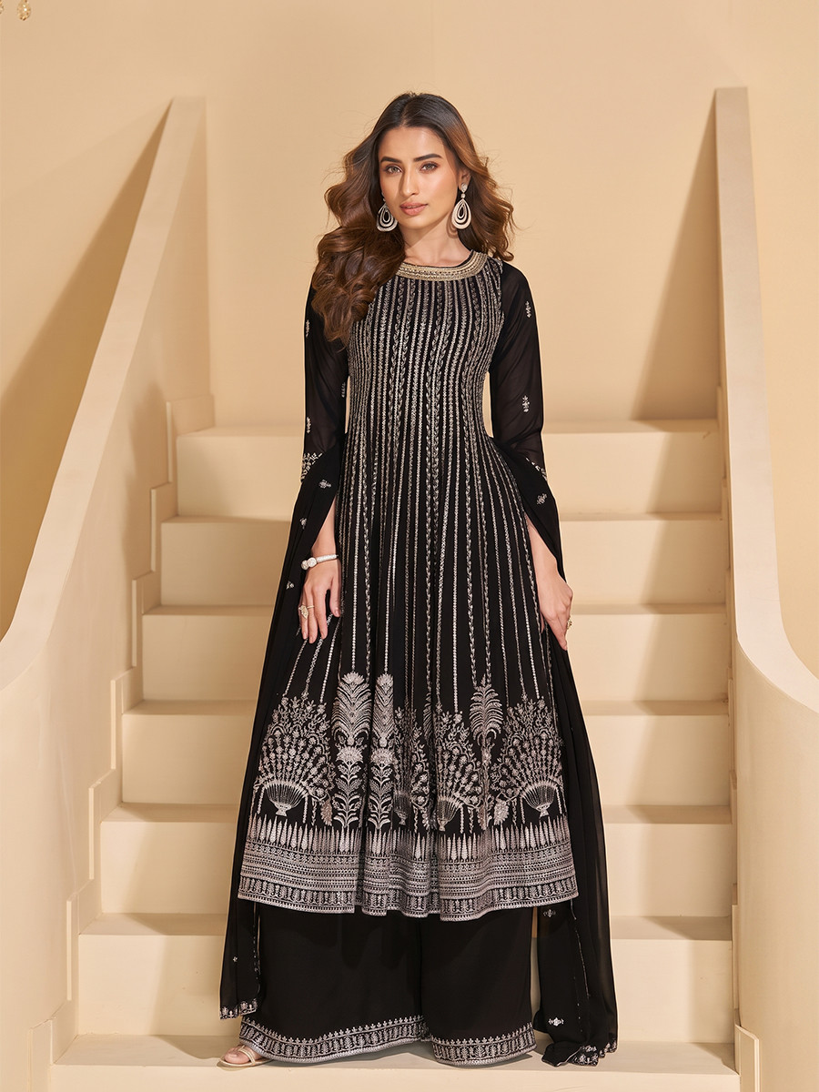 Black Faux Georgette Embroidery Zari Sequins Wedding Party Festival Casual Ready Palazzo Pant Salwar Kameez