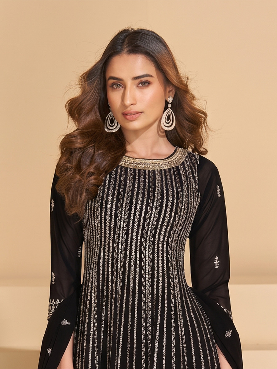 Black Faux Georgette Embroidery Zari Sequins Wedding Party Festival Casual Ready Palazzo Pant Salwar Kameez