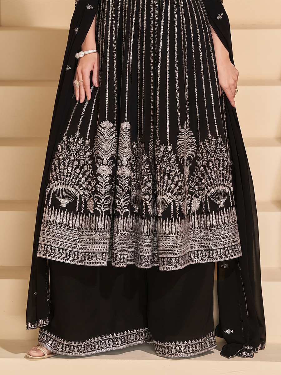 Black Faux Georgette Embroidery Zari Sequins Wedding Party Festival Casual Ready Palazzo Pant Salwar Kameez
