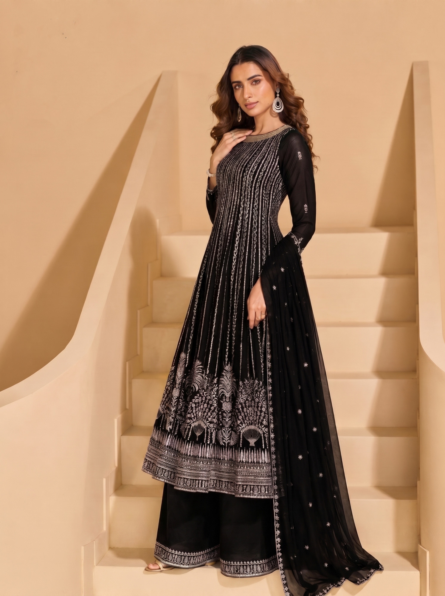 Black Faux Georgette Embroidery Zari Sequins Wedding Party Festival Casual Ready Palazzo Pant Salwar Kameez