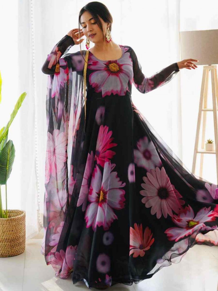 Black Faux Georgette Printed Festival Casual Gown