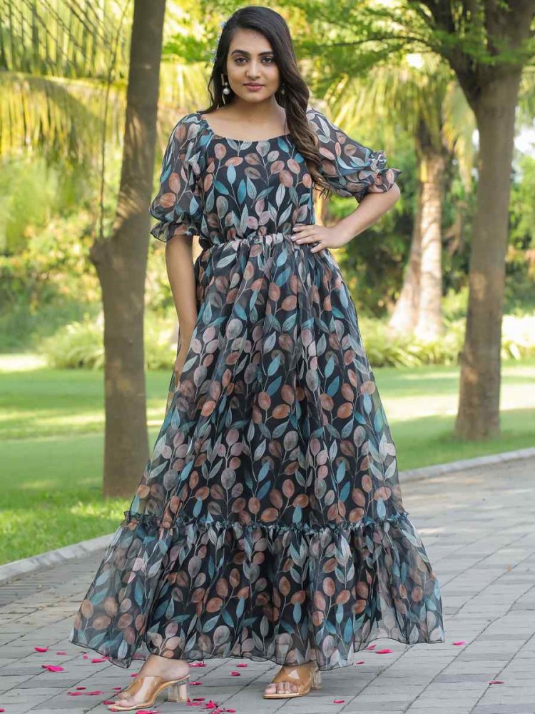 Black Faux Georgette Printed Festival Casual Gown