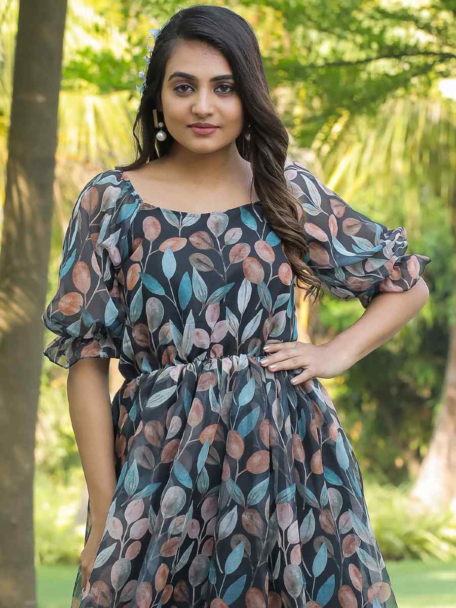 Black Faux Georgette Printed Festival Casual Gown
