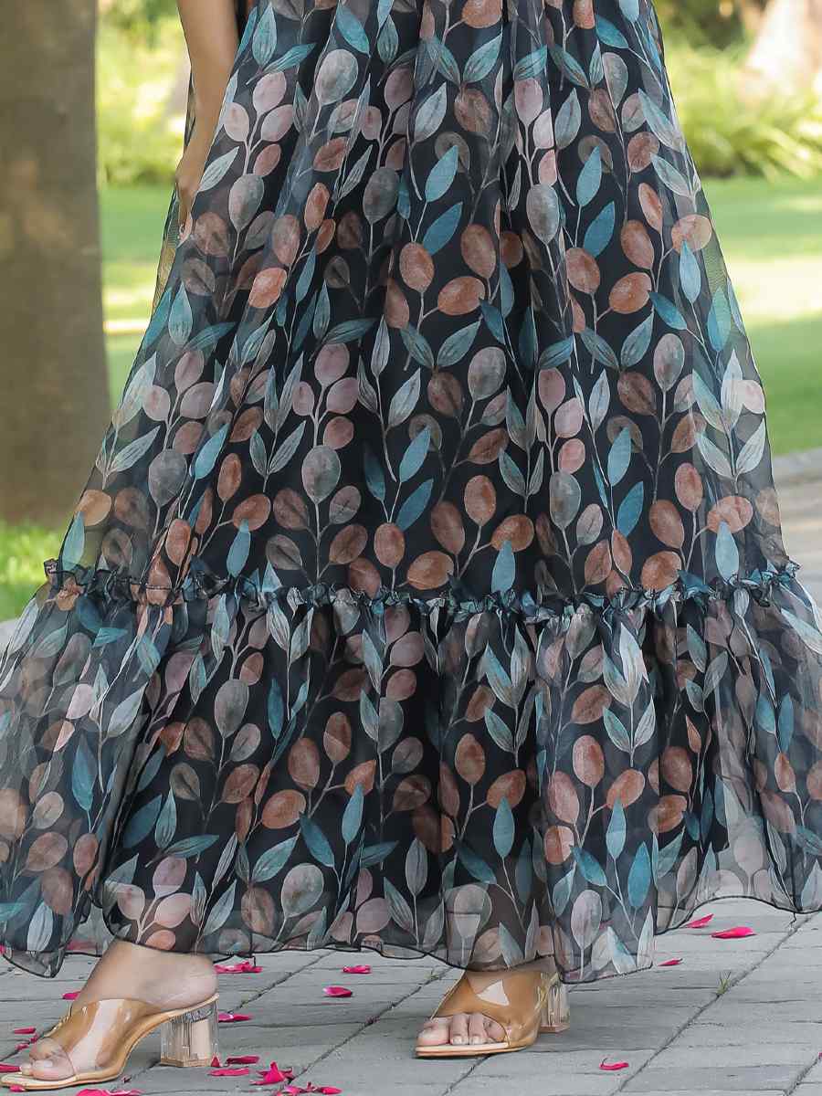 Black Faux Georgette Printed Festival Casual Gown