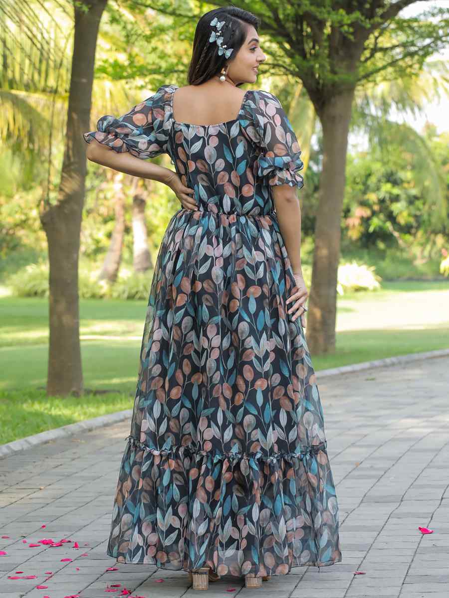Black Faux Georgette Printed Festival Casual Gown