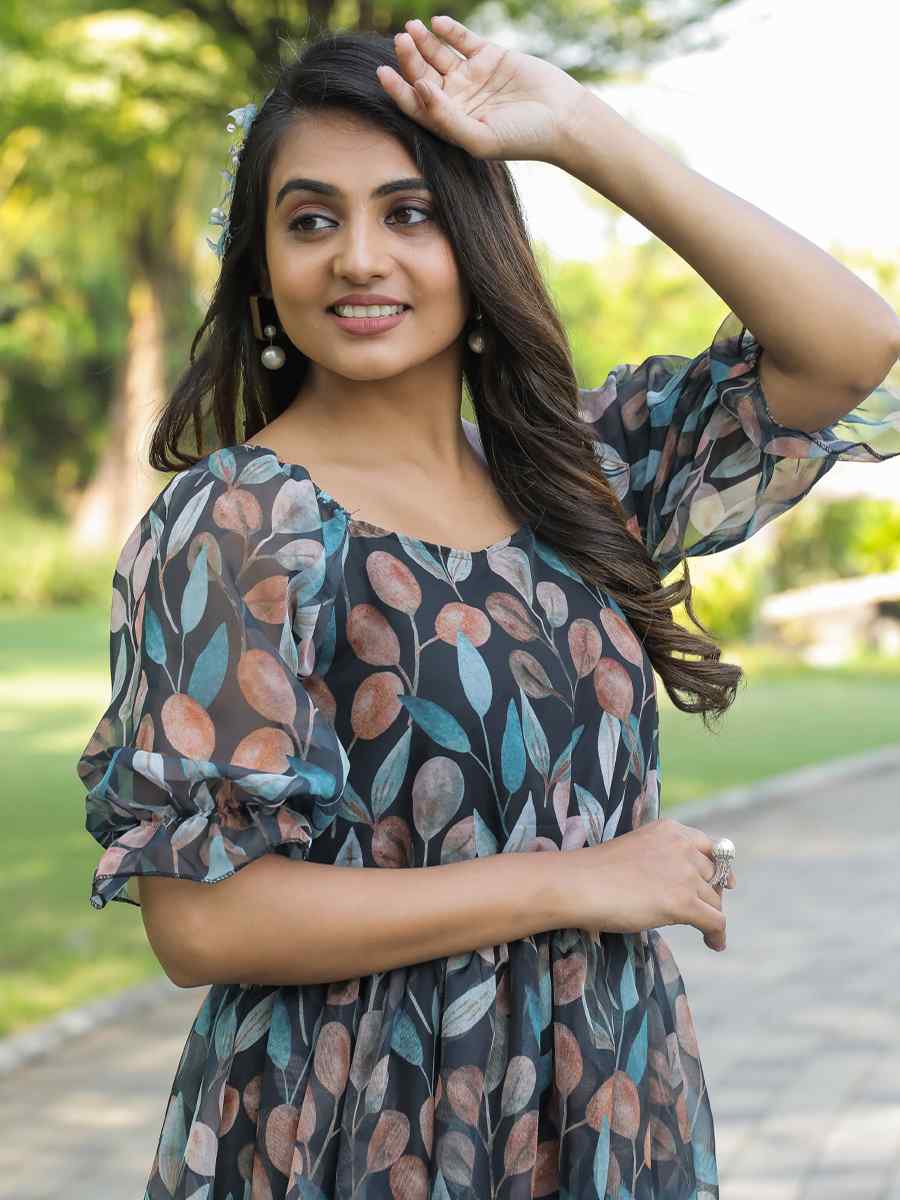 Black Faux Georgette Printed Festival Casual Gown