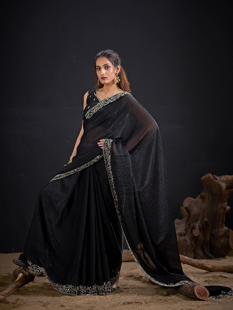 Black Fendi Satin Silk Two Tone Embroidery Wedding Reception Party Festival Casual Heavy Border Sarees