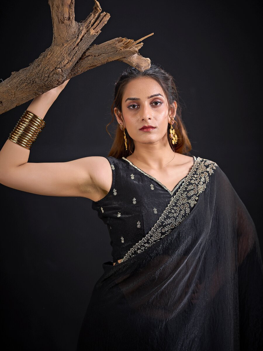 Black Fendi Satin Silk Two Tone Embroidery Wedding Reception Party Festival Casual Heavy Border Sarees