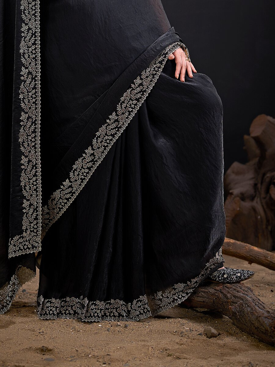 Black Fendi Satin Silk Two Tone Embroidery Wedding Reception Party Festival Casual Heavy Border Sarees