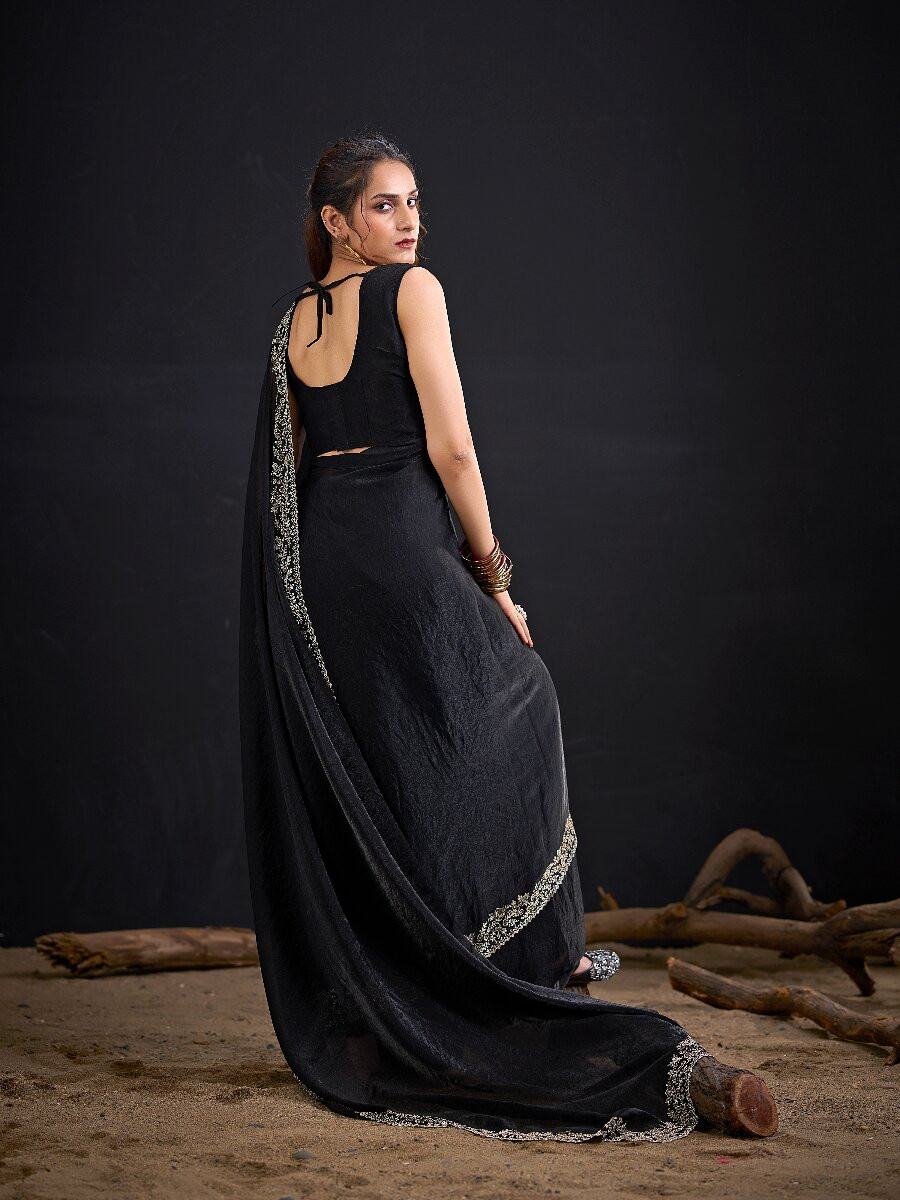 Black Fendi Satin Silk Two Tone Embroidery Wedding Reception Party Festival Casual Heavy Border Sarees