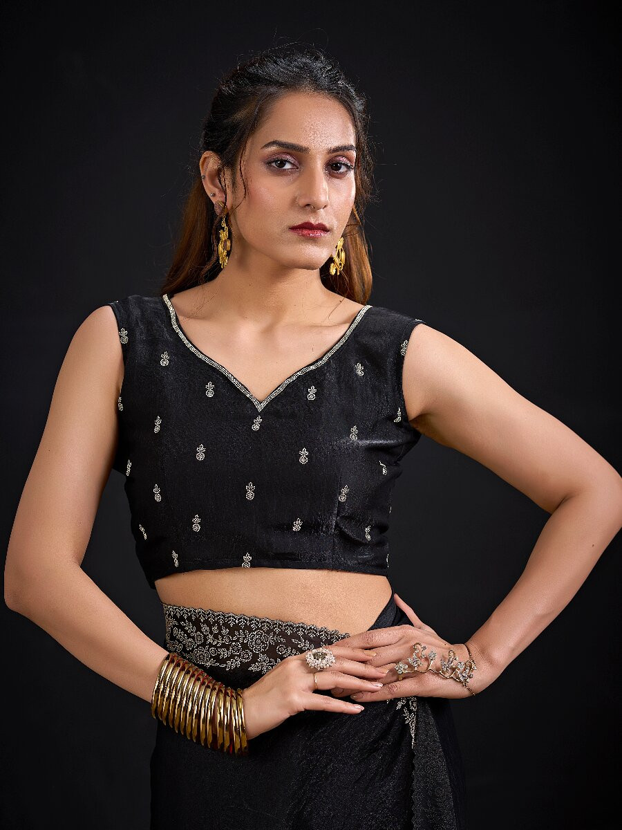 Black Fendi Satin Silk Two Tone Embroidery Wedding Reception Party Festival Casual Heavy Border Sarees
