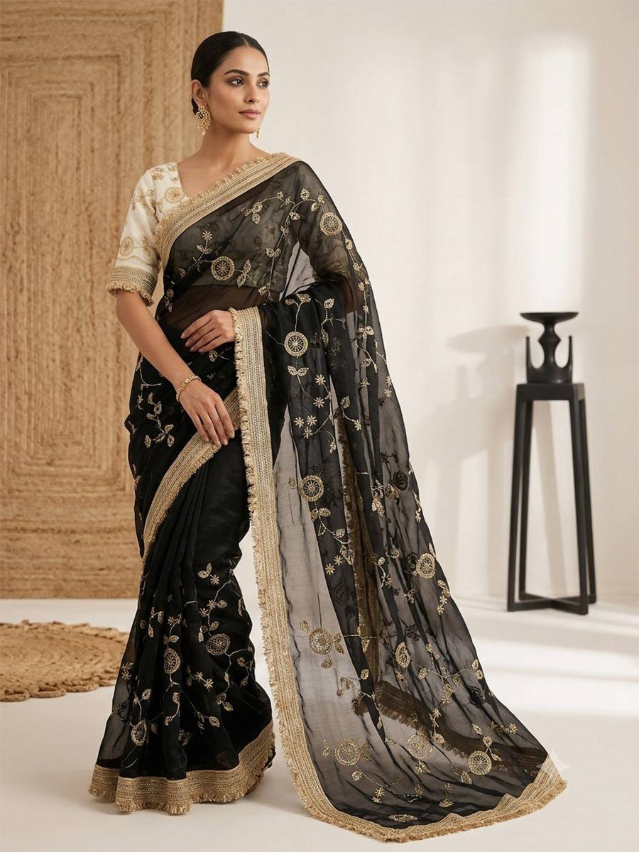 Black Fendy Satin Silk Embroidery Wedding Reception Party Festival Casual Heavy Border Sarees
