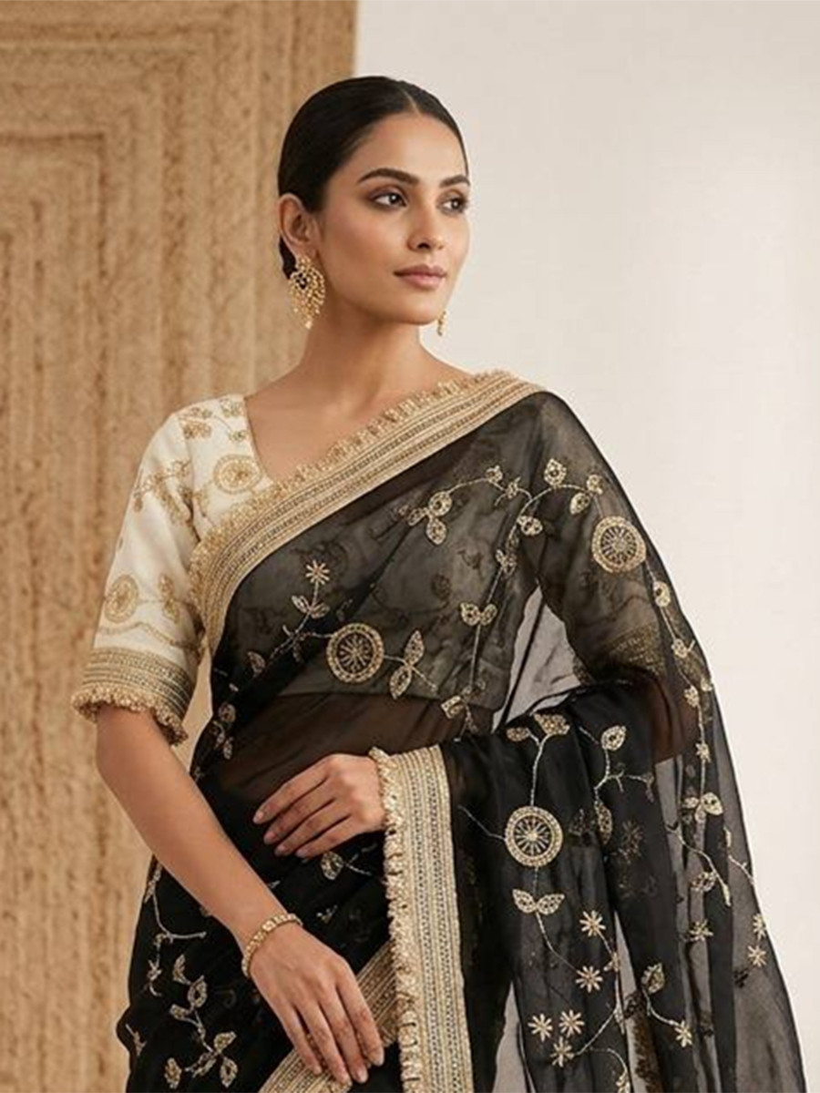 Black Fendy Satin Silk Embroidery Wedding Reception Party Festival Casual Heavy Border Sarees