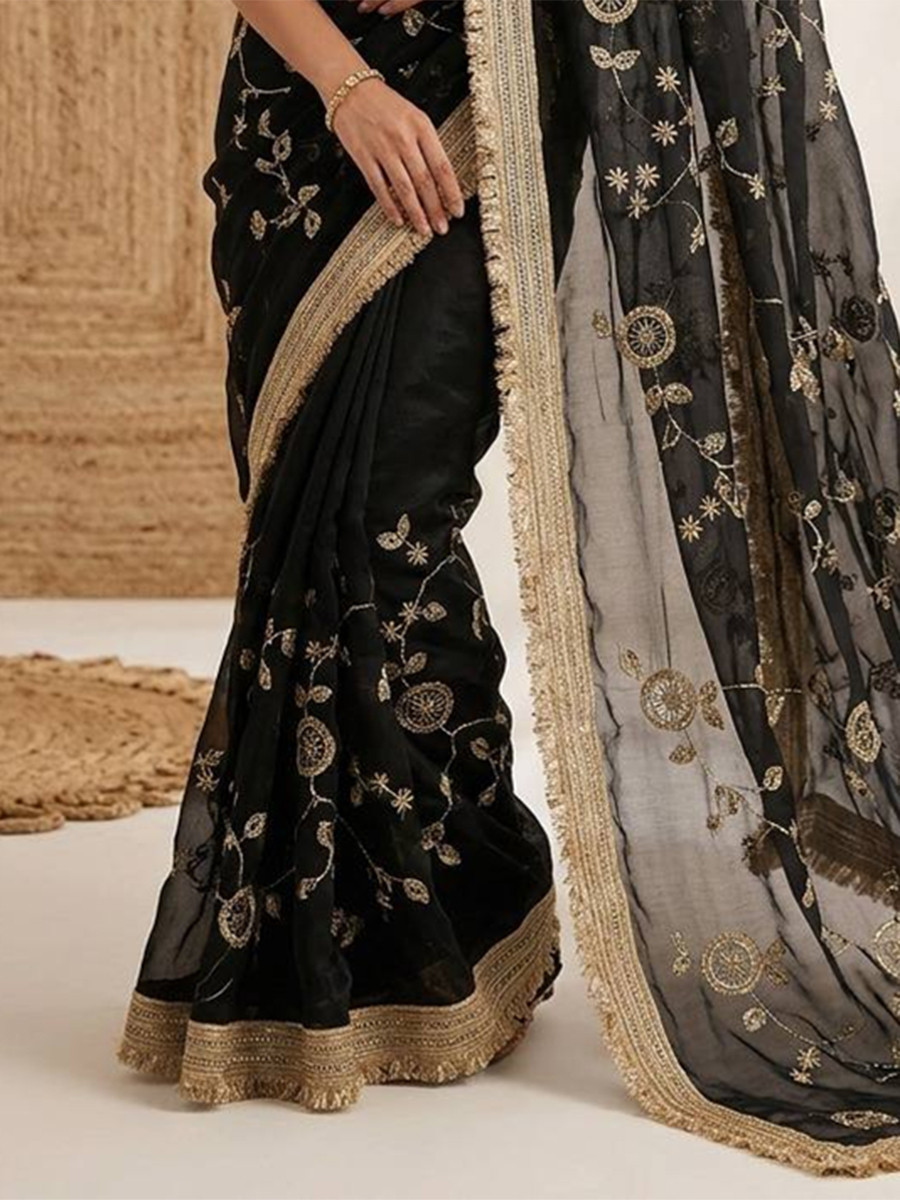 Black Fendy Satin Silk Embroidery Wedding Reception Party Festival Casual Heavy Border Sarees