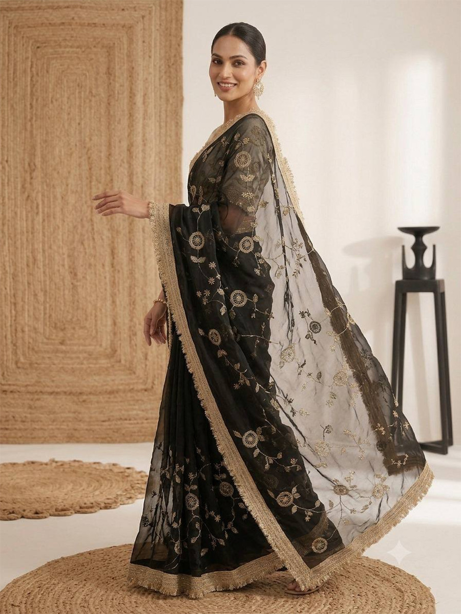 Black Fendy Satin Silk Embroidery Wedding Reception Party Festival Casual Heavy Border Sarees